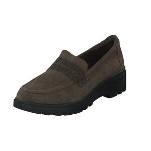 CLARKS COLLECTION CALLA EASE DARK OLIVE GREEN SUEDE 8 WIDE SLIP ON LOAFERS